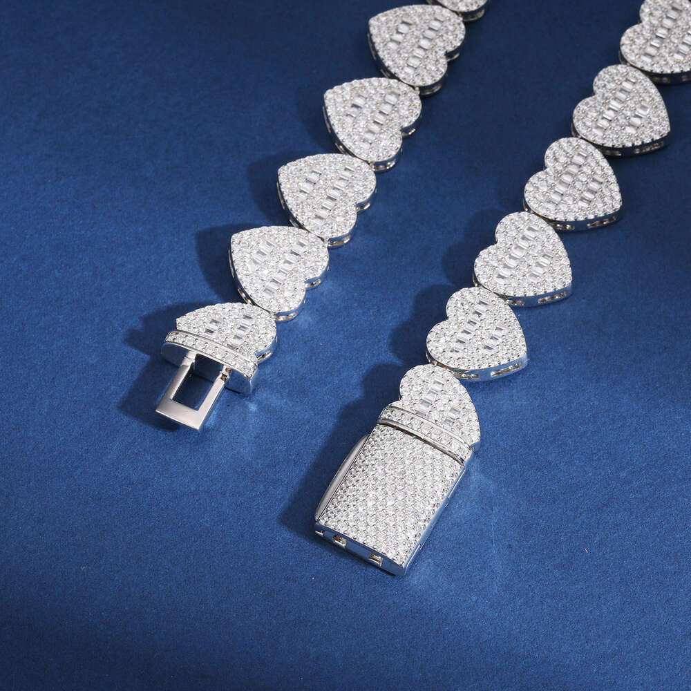 Hip Hop Jewelry High Quality 15mm 925 Sterling Silver Vvs Moissanite Diamond Iced Out Buguette Heart Tennis Chain Necklace
