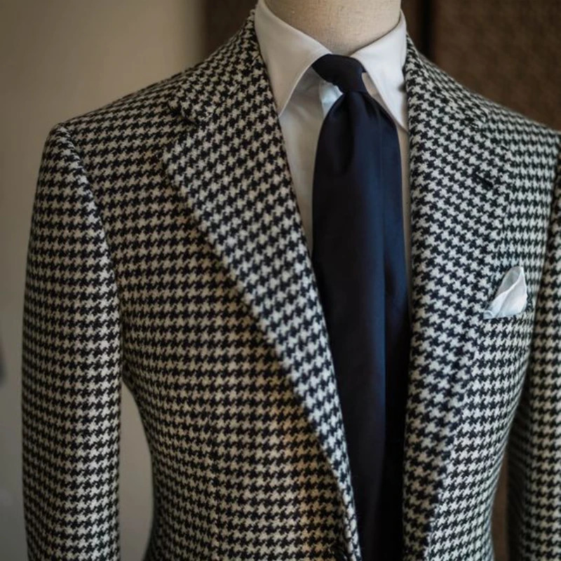 Houndstooth Business Blazer for Men Plaid Notched Lapel Suit Jacket Formal Male Fashion Coat 240626