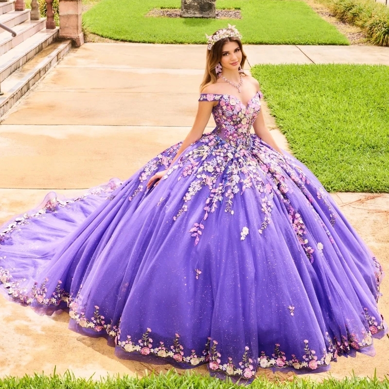 Purple Shiny Princess Quinceanera Dresses Ball Gown Off The Shoulder 3D Floral Lace Tull Corset Sweet 16 Vestidos 15 De XV Anos