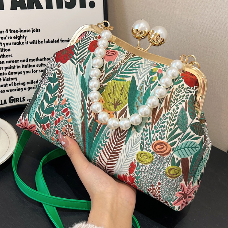 Elegant Women Green Pink Shoulder Canvas Shell Clips Fashion Lady Pearls Handbag Daily Retro All-match Chain Crossbody Bags H7.9#37 889c9