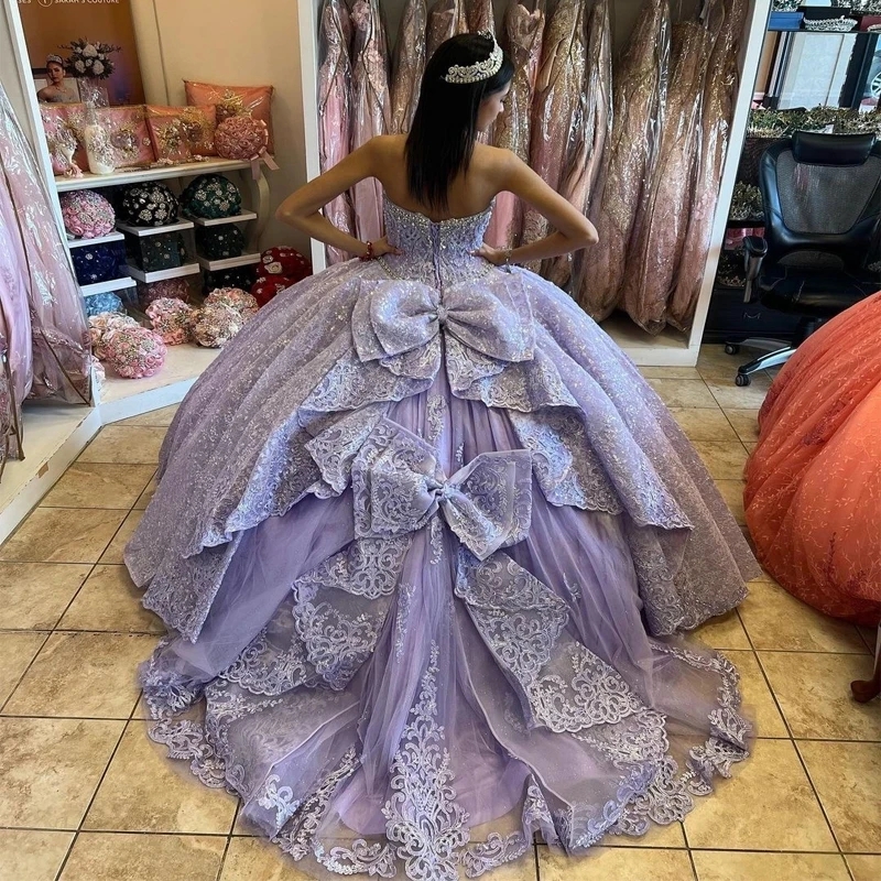 Sparkly Lavender Sweetheart Crystal Appliques Bow Quinceanera Dresses Ball Gown Off The Shoulder Beading Sweet Vestidos De D