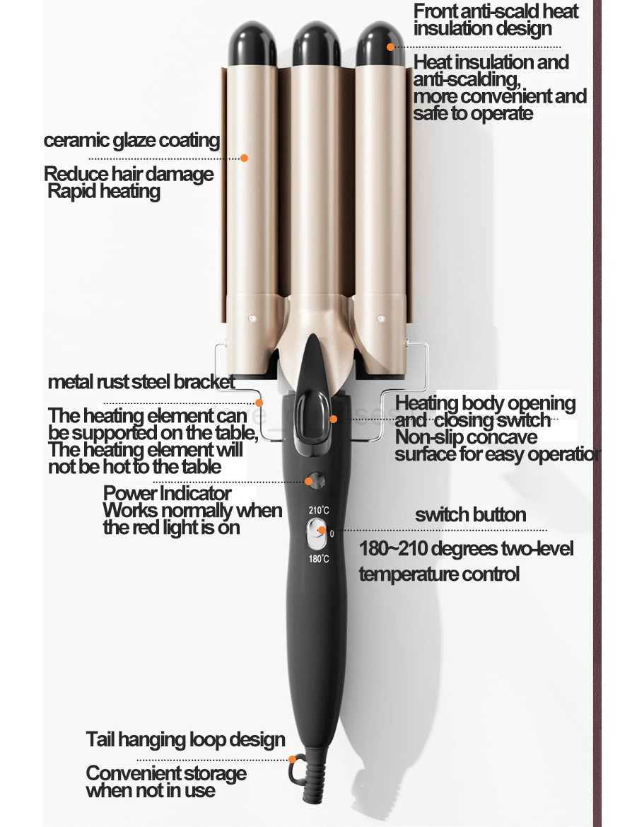 3 in 1 Curling Iron 25/32mm Heats Up Fast Tourmaline Ceramic Triple Barrels Beach Waves Curling Iron Roll Hair Styling ToolM240709