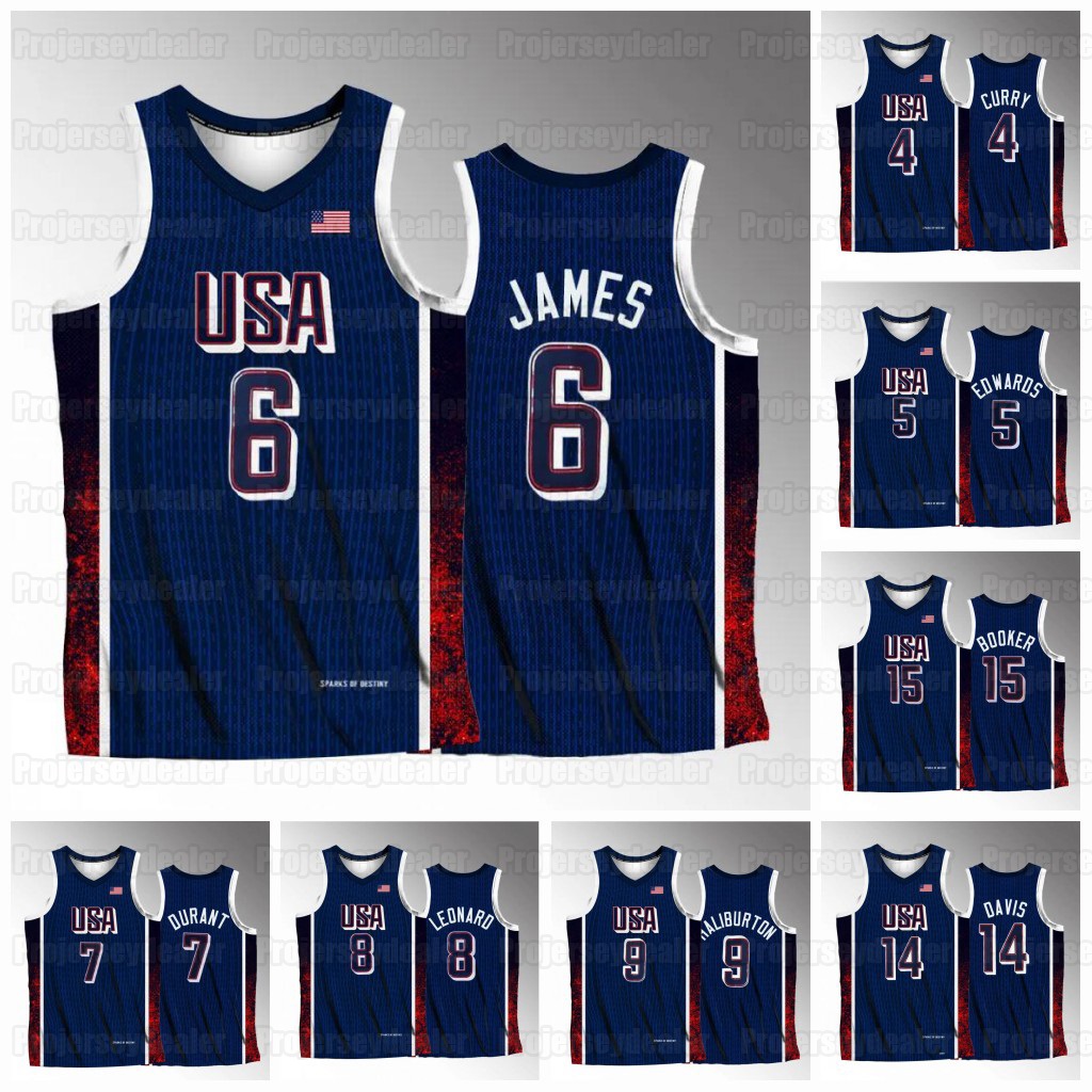 2024 Team USA Basketball Jerseys Jayson 0 Tatum Stephen 4 Curry Anthony 5 Edwards LeBron 6 James Kevin 7 Durant Kawhi 8 Leonard Tyrese 9 Haliburton Anthony 14 Davis