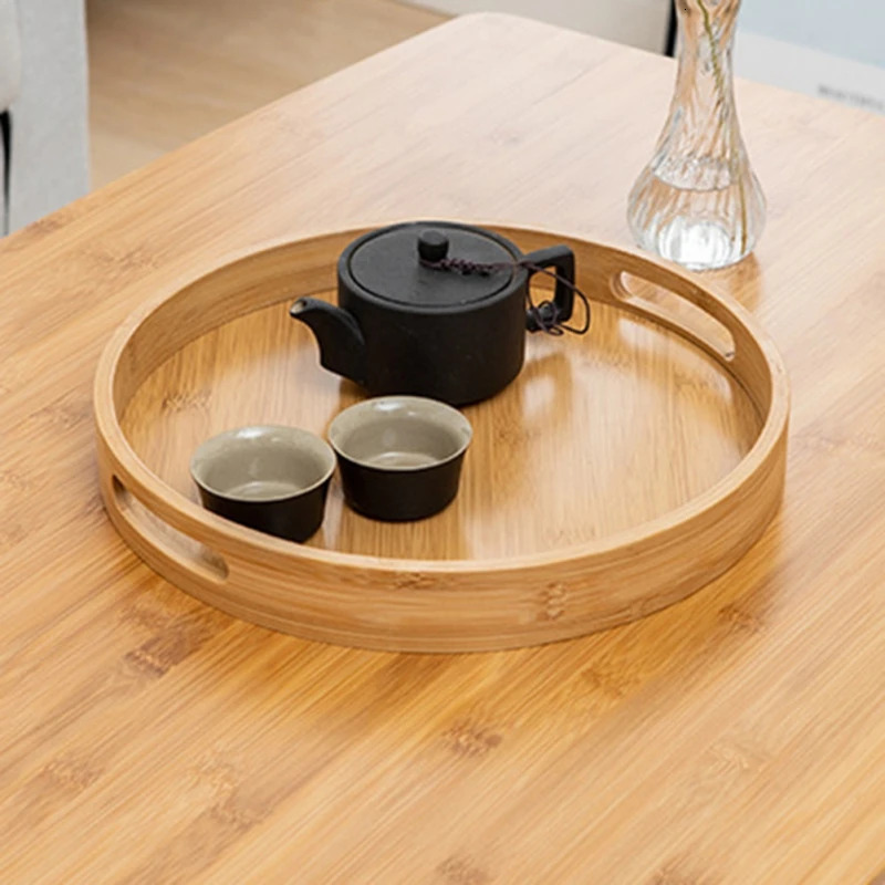 Bamboo Round Tea Tray Simple Wooden Storage Trays el Home Breakfast Dessert Food Serving Kitchen Supplies 240708
