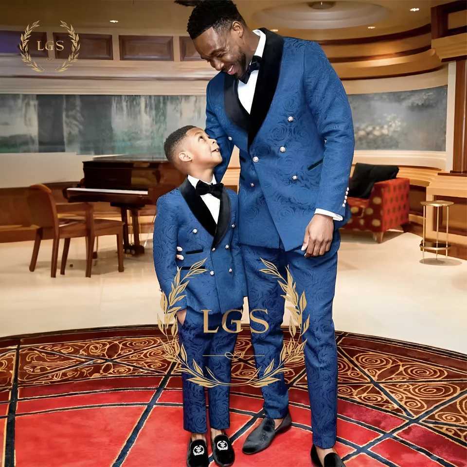 Suits Blue Boys Suit Printed Pattern Formal Dinner Tuxedo Little Boy Groomsman Kids Wedding Party Prom 3 Piece Jacket Vest Trousers