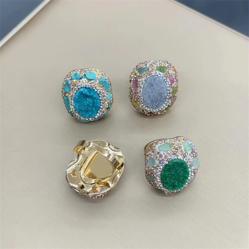 Unique Natrual Tourmaline Crystal Finger Rings Open Size Emerald Green Turquoise Irregular Shape Fashion Jewelry for Women 240626