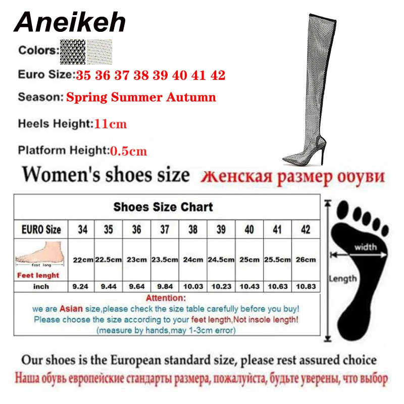 Aneikeh Sexy Bling Rhinestone Mesh Shoes Over The Knee Boots Women Pointed Toe Sandals Nightclub High Heels Botas Femininas 2024 240709