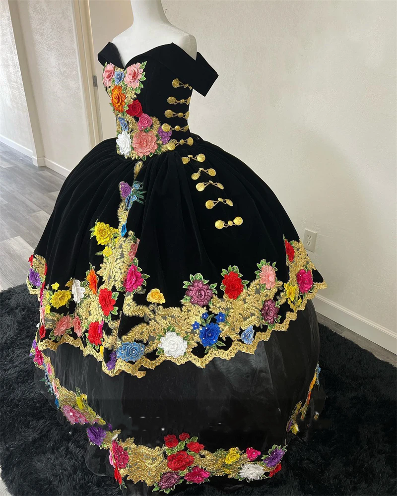 Mexico Black Off Shoulder wer Girls' Quinceanera 2025 Applique Prom Dress Ball Puffy Ruffle Tiered Bow Evening Gown Sweet 16 15