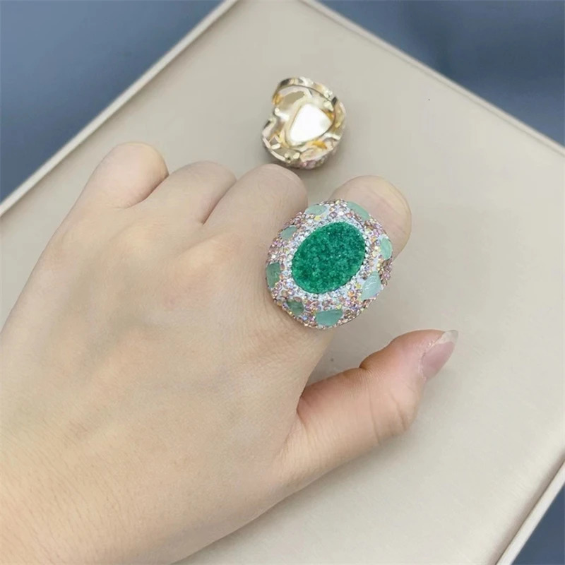 Unique Natrual Tourmaline Crystal Finger Rings Open Size Emerald Green Turquoise Irregular Shape Fashion Jewelry for Women 240626
