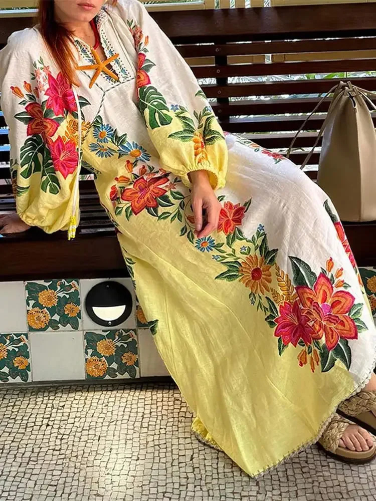 Fashion Flower Printed Lantern Sleeves Maxi Dress Women Causal Lace Up Loose Long Dresses 2024 Summer Lady Holiday Beach Vestido 240703