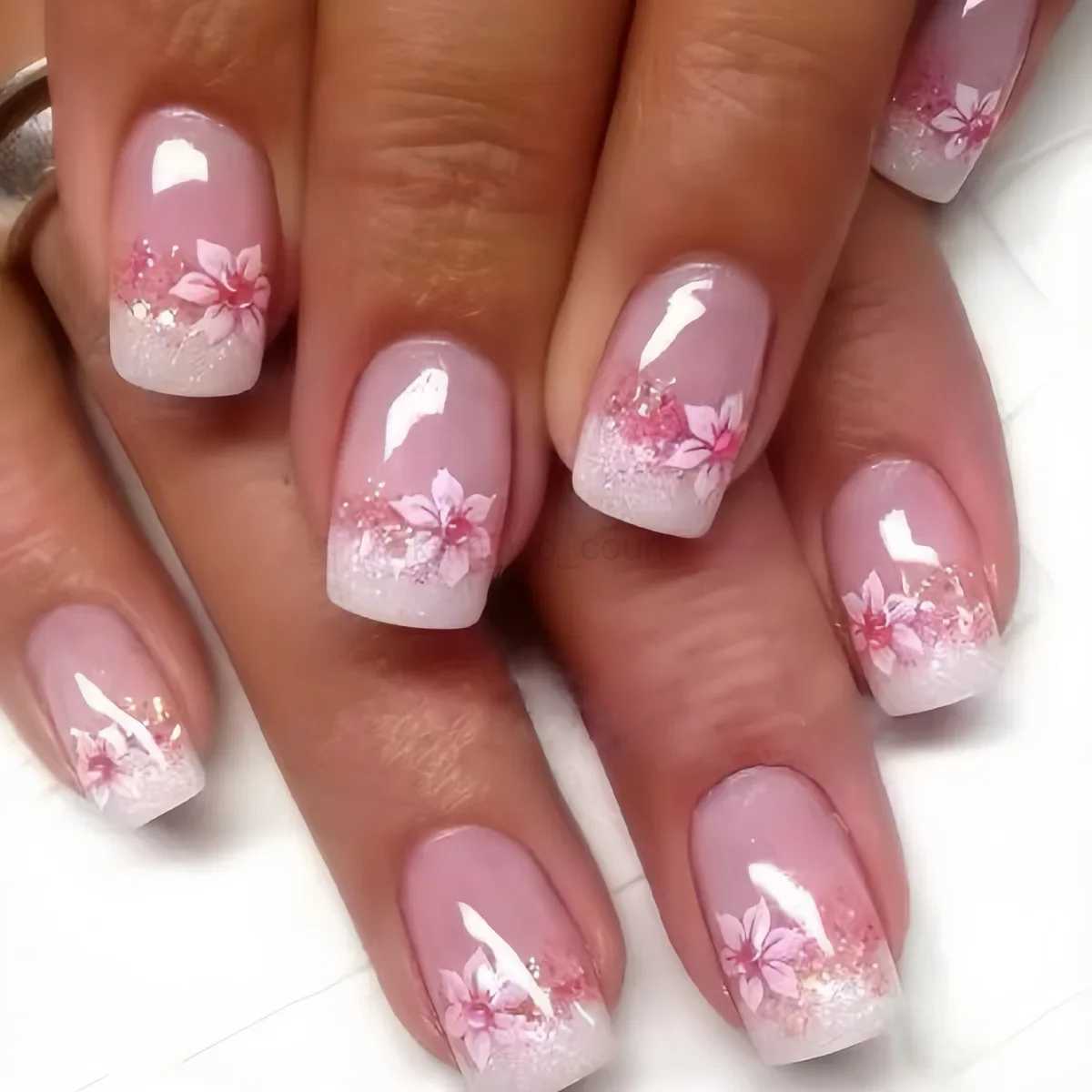24Pcs Square Press-on Nails Set with Pink Flower Patterns Full Cover Acrylic French Nail Tips Adhesive For Stylish Women/GirlsM240709