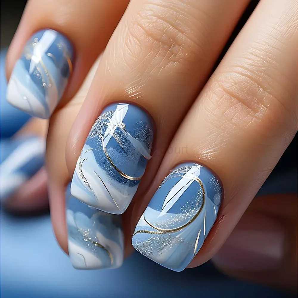 24Pcs Short Square Coffin False Nails Fake Nail with Glue French Glitter Wearable Ballet Design Nails Set Press on Nail TipsM240709