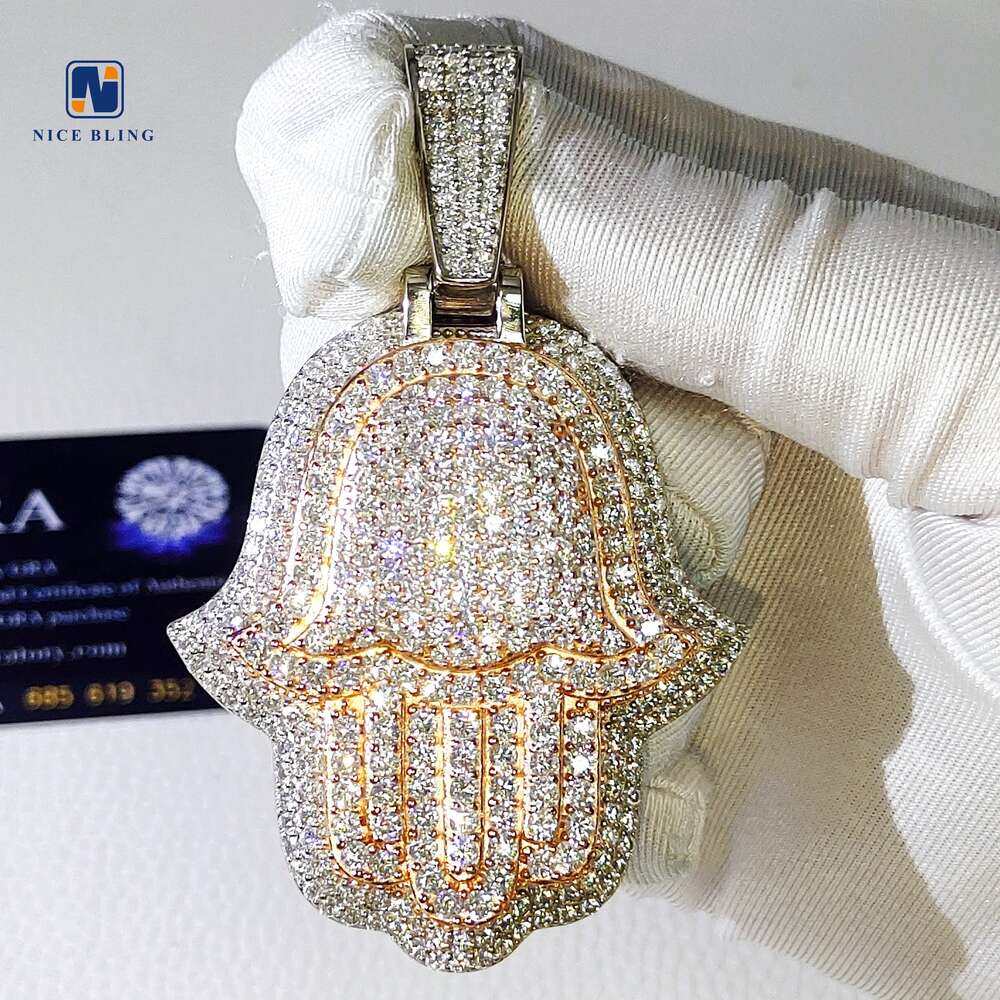 Custom Iced Out Hamsa Penadnt Teo Tone Rose and White Hip Hop Fashion Moissanite Jewelry 925 Silver Lab Diamond Hand Pendants