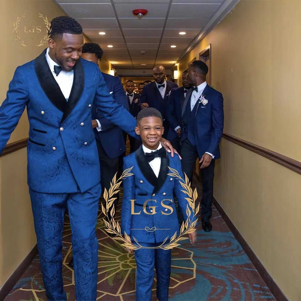 Suits Blue Boys Suit Printed Pattern Formal Dinner Tuxedo Little Boy Groomsman Kids Wedding Party Prom 3 Piece Jacket Vest Trousers