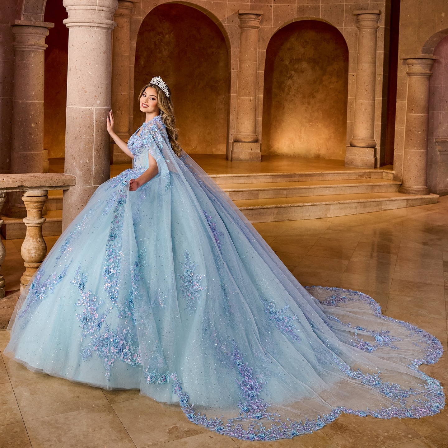 Sequined Appliques Beading Shiny Crystal Tull Ball Gown Quinceanera Dresses With Cape Corset Vestidos De 15 Anos