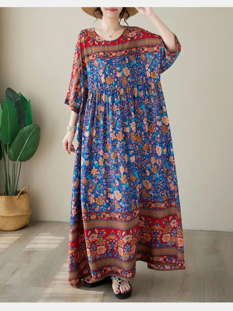 Oversized Flower Floral Print Summer Long Dress Women Loose Ruffle Pleated Modis Casual Ladies Dresses Short Sleeve Woman Dress 240703