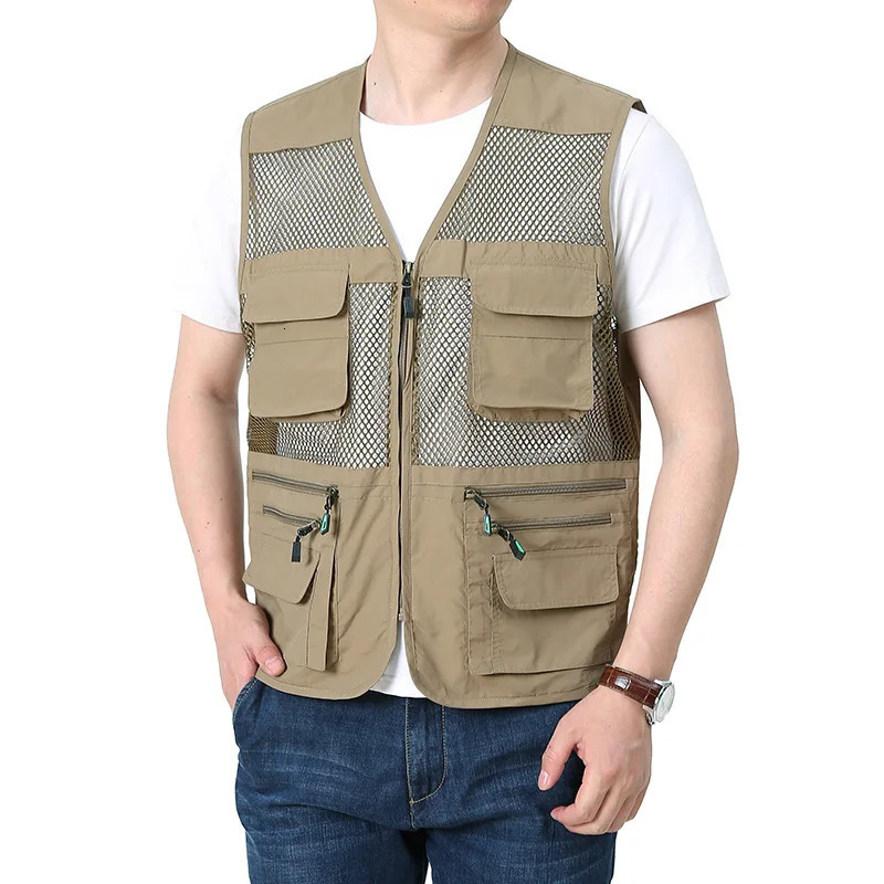 Mesh Vest Mens Summer Thin Multi Pocket Vest with Breathable and Loose Fitting Mens Vest Pography and Fishing Y2K 240704