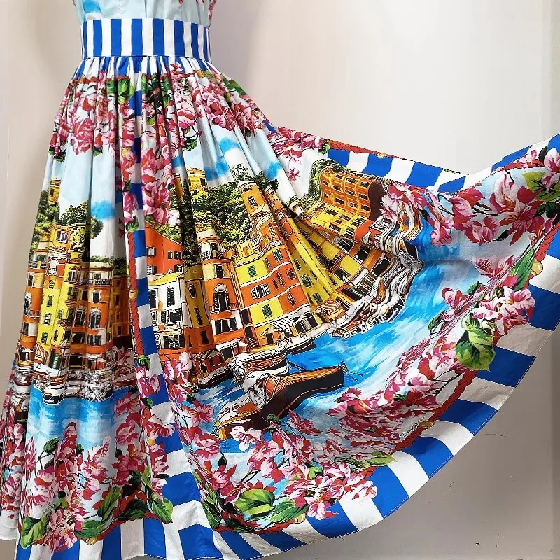 Summer Holiday Buttons Spaghetti Strap Dress Runway Women Single Breasted Flower Print Beach Vacation Midi Vestidos Camisole 240703