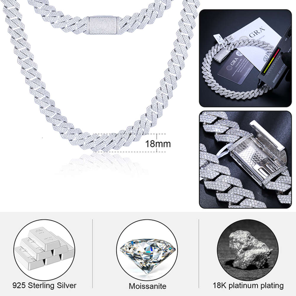 Factory Price 18mm White Gold Plated Sterg Sier Vvs Moissanite Dia Iced Out Cuban k Chain Necklace