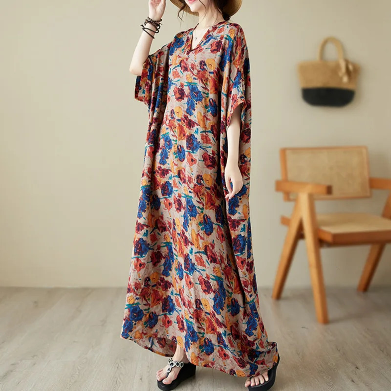 #3601 Retro Printed Cotton Linen Dress Batwing Sleeve Thin Loose Pockets Long Dress Ladies V-neck Sexy Beach Floor Length Dress 240703
