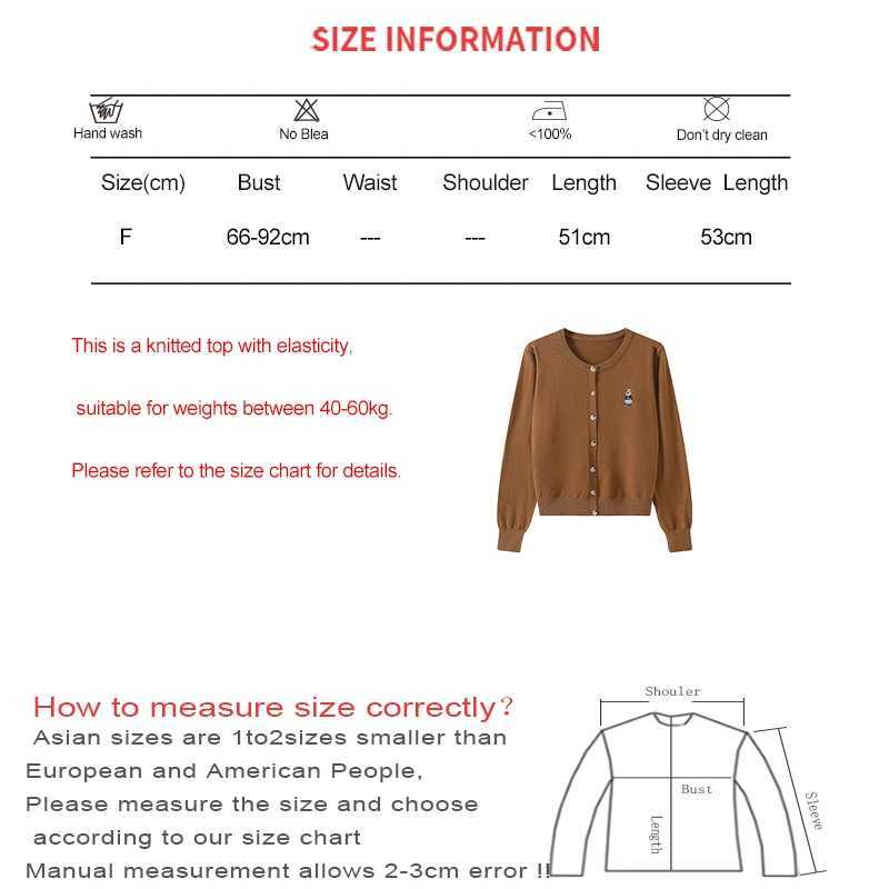 Women's Sweaters Womens bear embroidered thin cardigan sweater single sweating office solid top long sleeved knitted sweater womens spring 2024 J