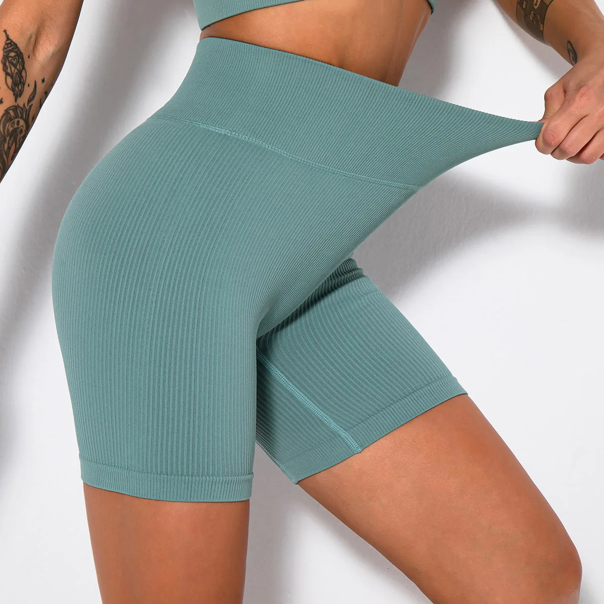 Seamless Ribbed Yoga Shorts For Women High Waist Tights Elastic Workout Cycling Shorts Sports Short Leggings Booty Gym Shorts 240703