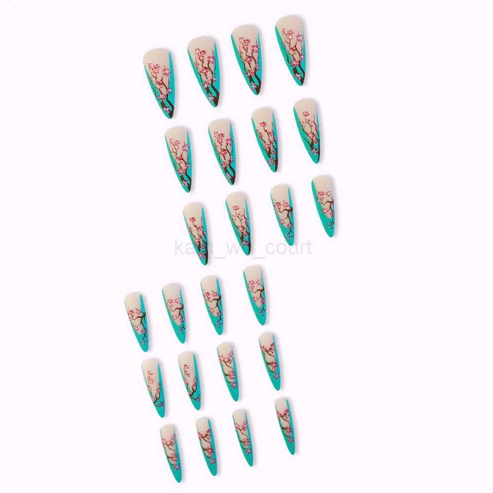 24pcs Plum Flower Press On Nails False Nail Tips Kit Full Cover Long Stiletto/Almond Acrylic Fake Nails Manicure DecorationsM240709