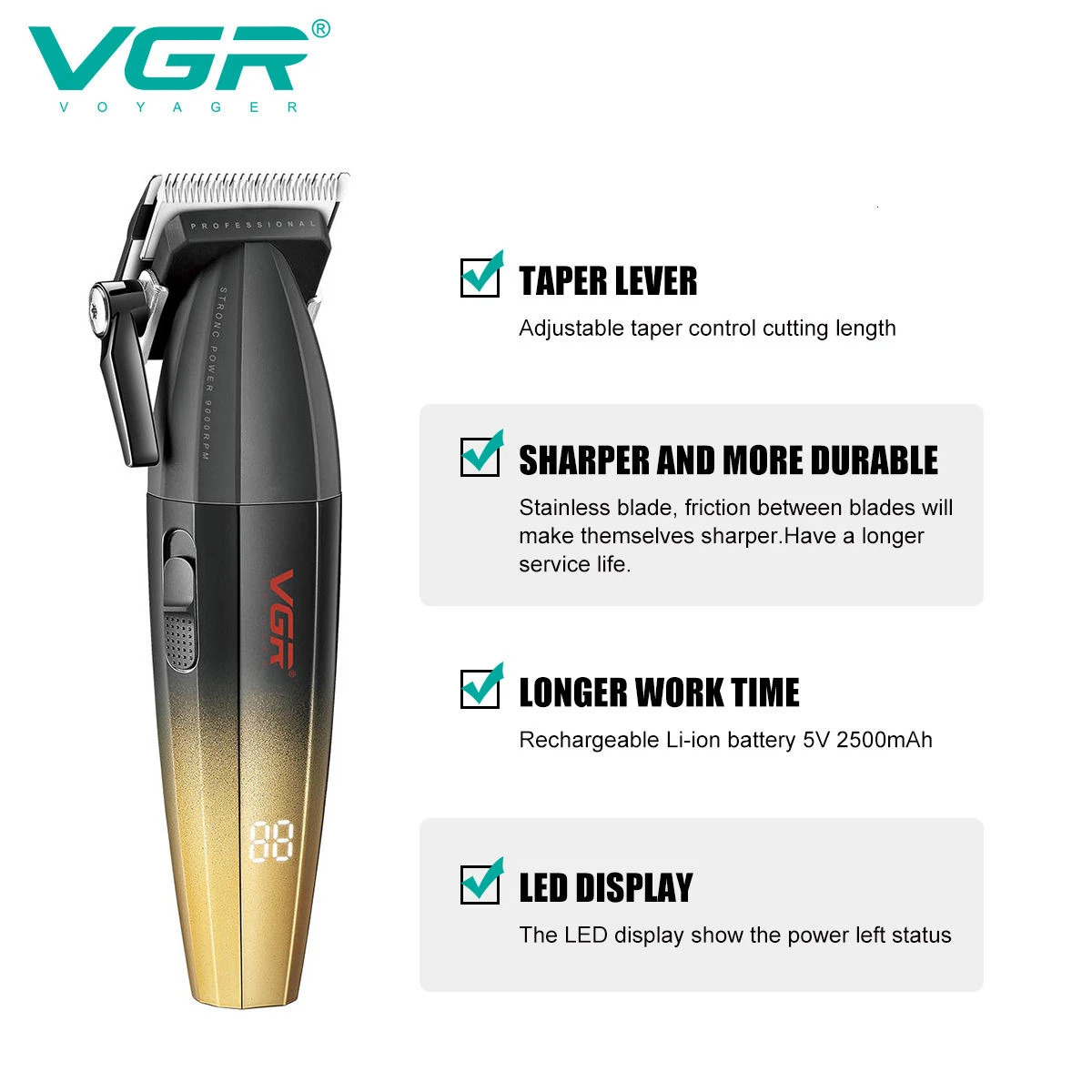 VGR Hair Clipper Professional Hair Trimmer 9000 RPM Barber Hair Cutting Machine Digital Display Haircut Clipper for Men V-003 240701