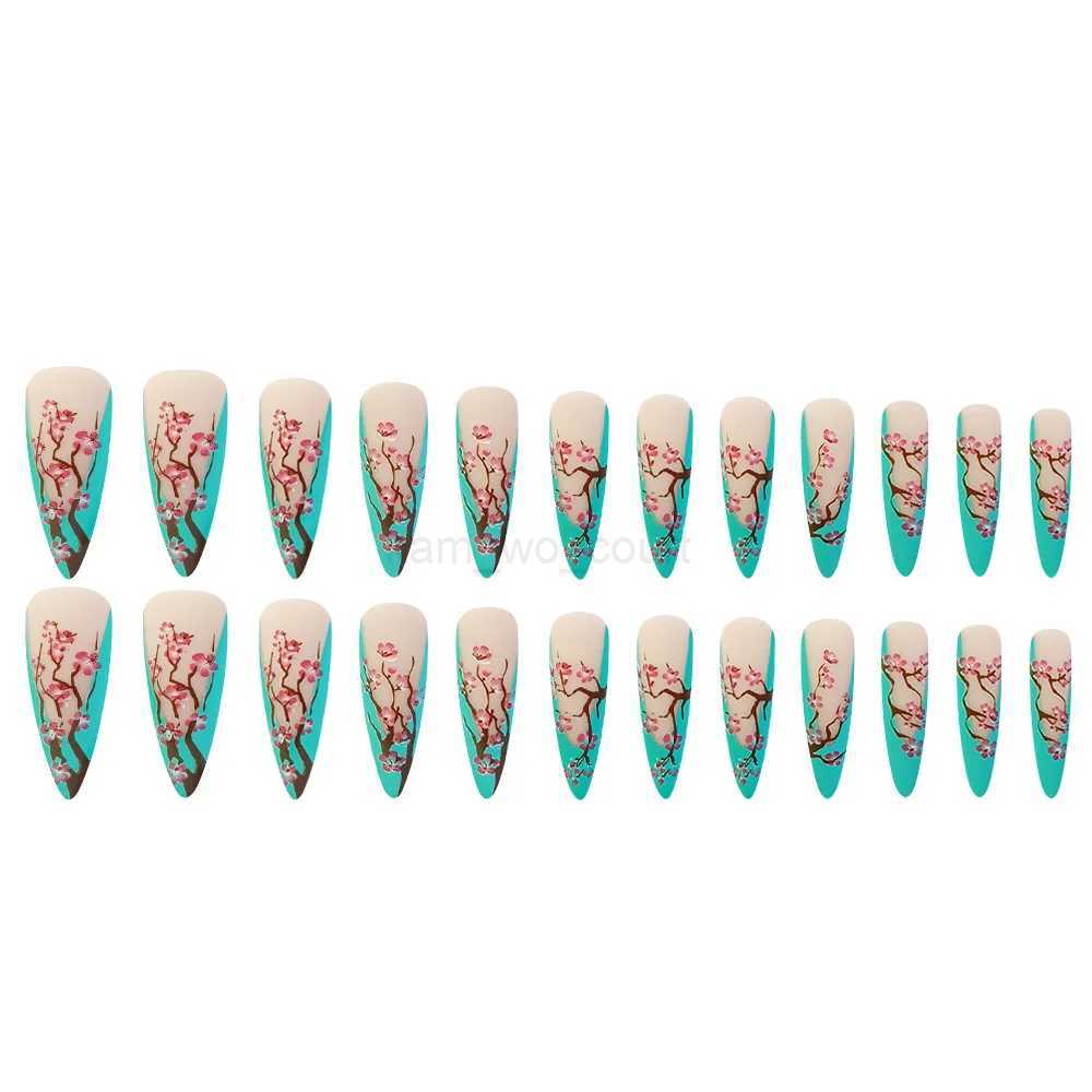 24pcs Plum Flower Press On Nails False Nail Tips Kit Full Cover Long Stiletto/Almond Acrylic Fake Nails Manicure DecorationsM240709