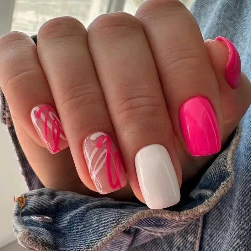 24pcs French Short False Nails Powder White Wave Design Fake Nails Art Full Cover Waterproof Detachable Artificial Press on NailM240709
