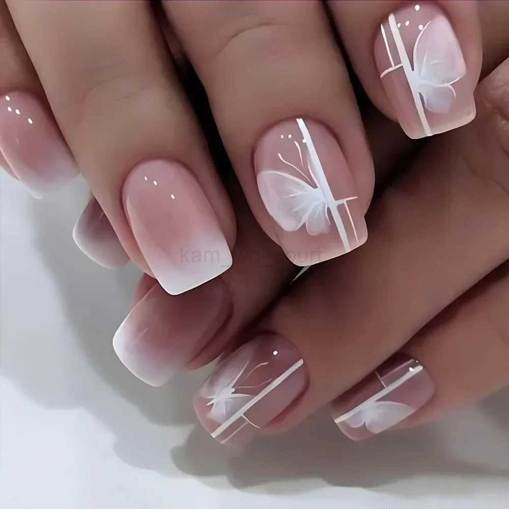24Pcs Short Square Coffin False Nails Fake Nail with Glue French Glitter Wearable Ballet Design Nails Set Press on Nail TipsM240709