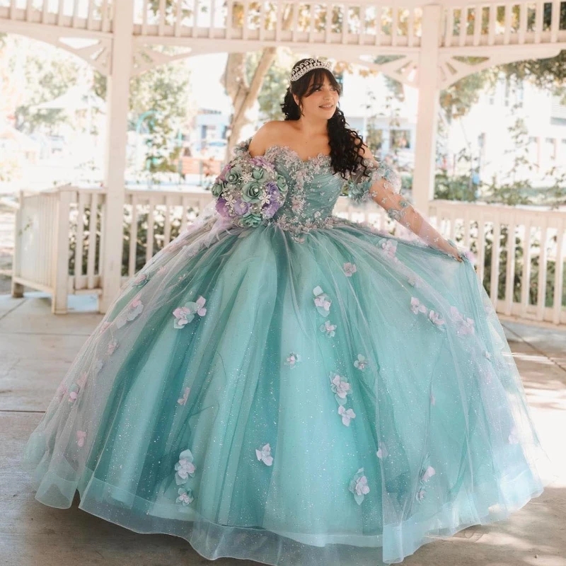 Light Green Shiny Princess Quinceanera Dresses Ball Gown 2025 Sweet 16 Dress Beads Appliques Lace Flower Birthday 15th Party
