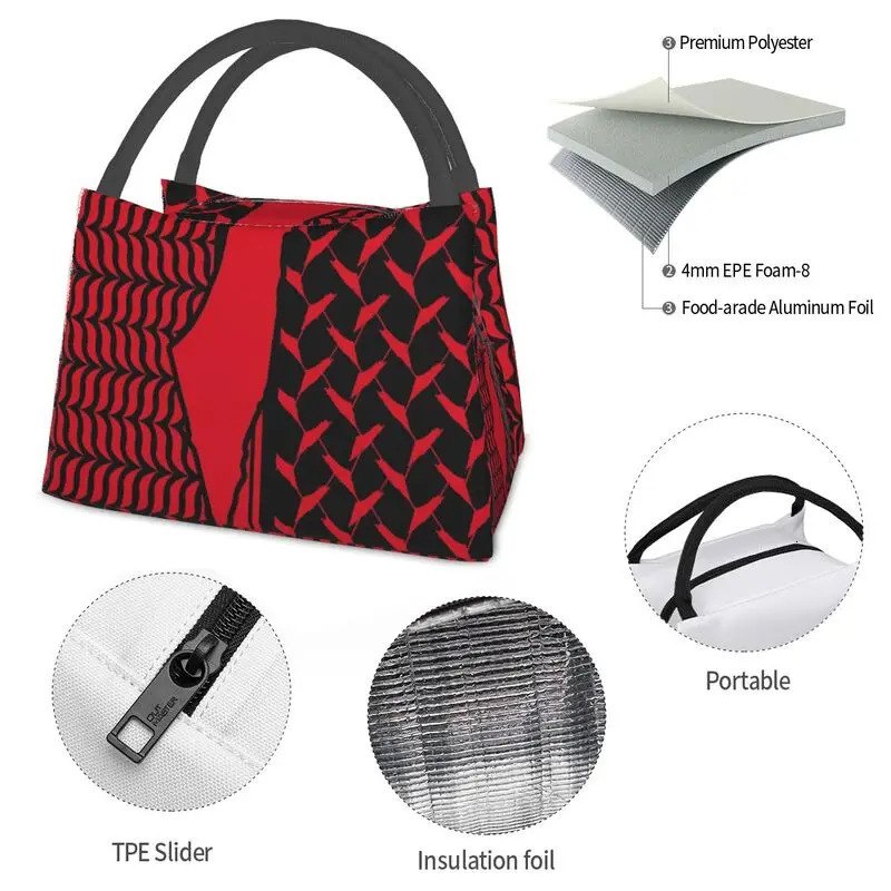 Palestinian Kufiya Thermal Insulated Bag Women Palestine Keffiyeh Red Black Background Resuable Lunch Tote Meal Food Box 240703 7fa5 4