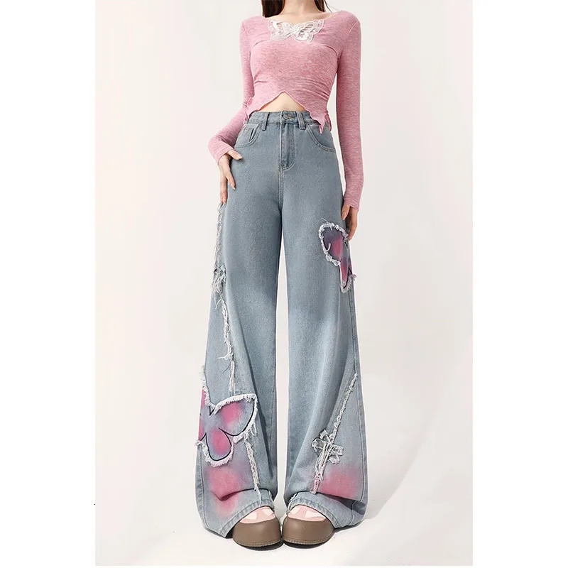 Women Vintage Baggy Blue Embroidery Jeans 90s High Waist Denim Trouser Harajuku Retro Korean Y2k Wide Cowboy Pants 2000s Clothes 240704