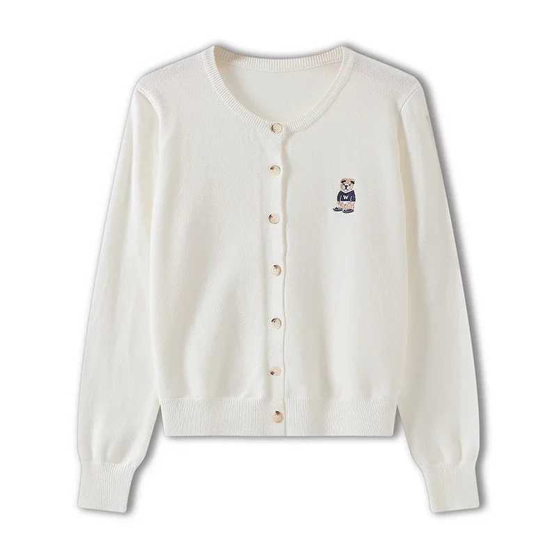 Women's Sweaters Womens bear embroidered thin cardigan sweater single sweating office solid top long sleeved knitted sweater womens spring 2024 J