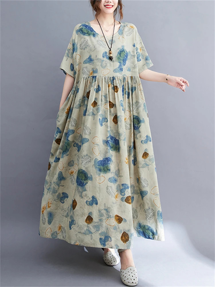 Cotton Vintage Print Dresses For Women Summer Short Sleeve Casual Loose Long Fashion Dress Elegant Vestidos Femme Clothing 240703