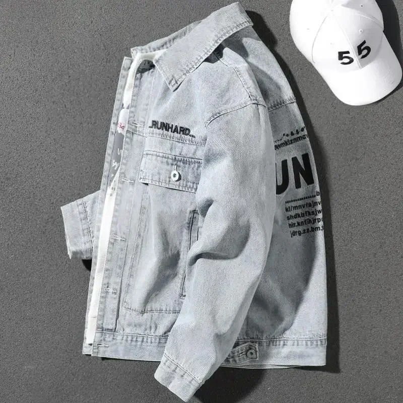 Button Blue Denim Jackets Man Autumn Black with Embroidery Jeans Coat for Men Print Large Size High Quality Outwear L in Big 240704