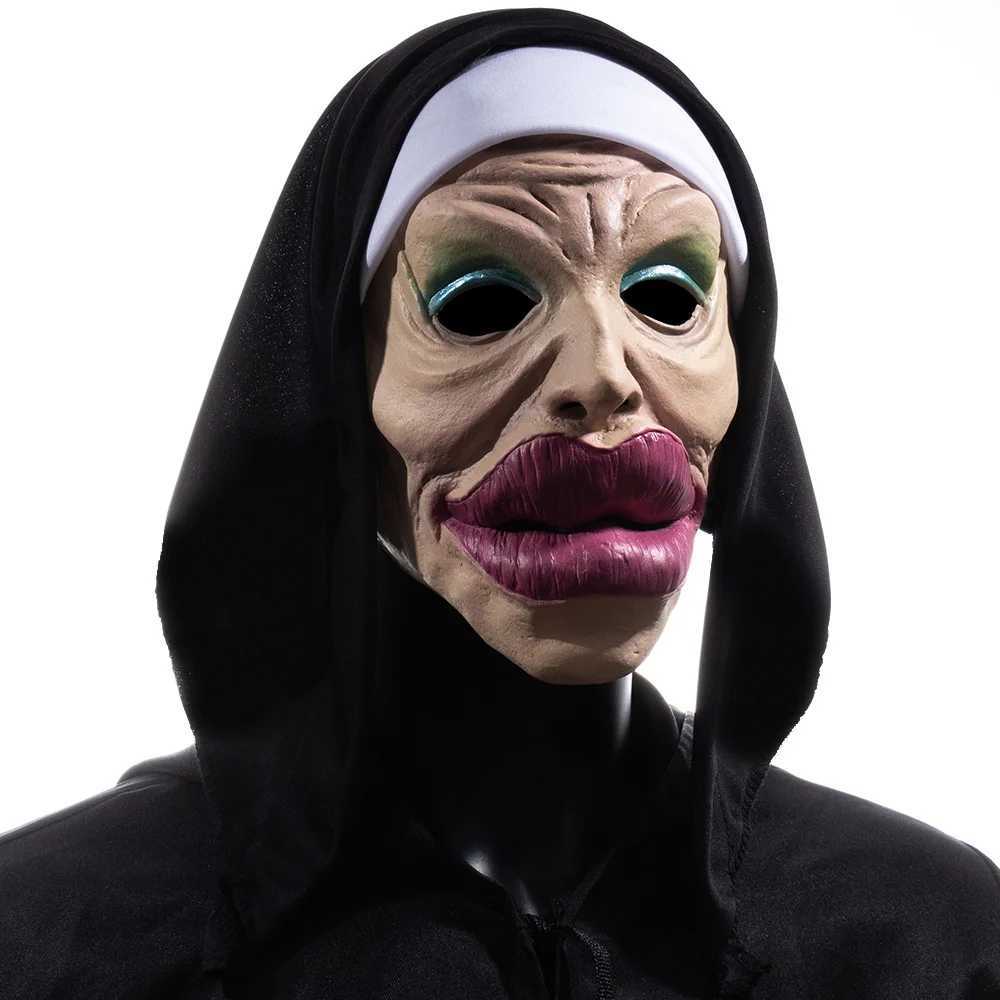 Funny Sexy Big Lips Nun Mask Cosplay Full Head Masks with Headscarf Halloween Carnival Party Costume PropsXJ250905