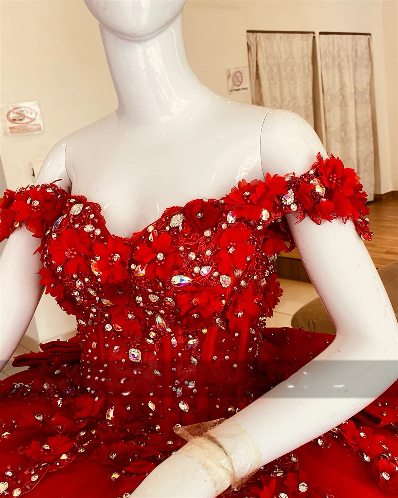2025 Red Off Shoulder Ball Gown Flower Girl Dresses For Wedding Kids Beaded Appliques Pageant Dress Princess Flower Birthday Gown