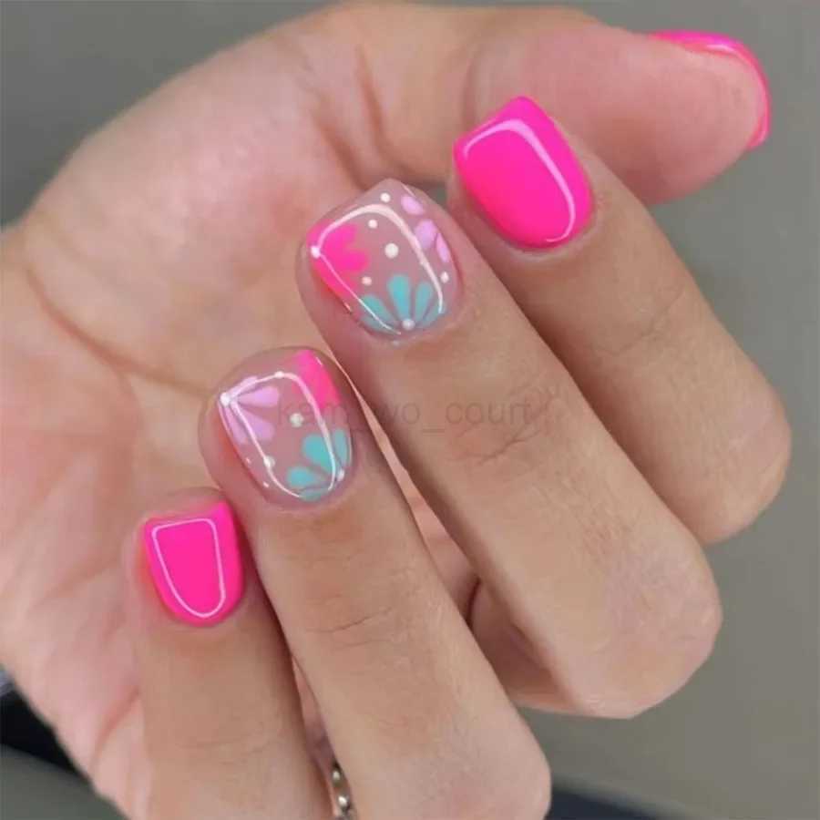 24Pcs Square Press-on Nails Set with Pink Flower Patterns Full Cover Acrylic French Nail Tips Adhesive For Stylish Women/GirlsM240709