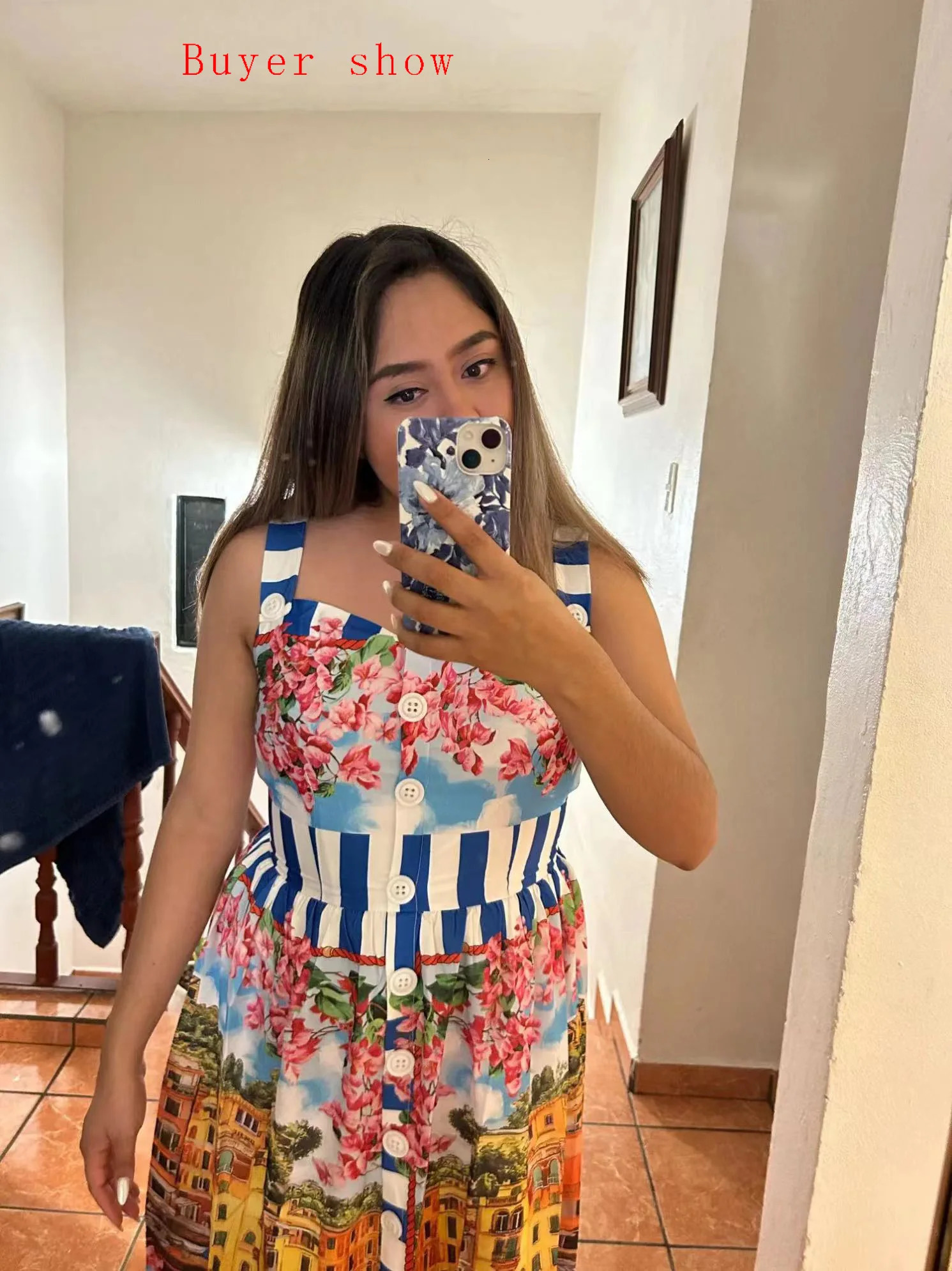 Summer Holiday Buttons Spaghetti Strap Dress Runway Women Single Breasted Flower Print Beach Vacation Midi Vestidos Camisole 240703