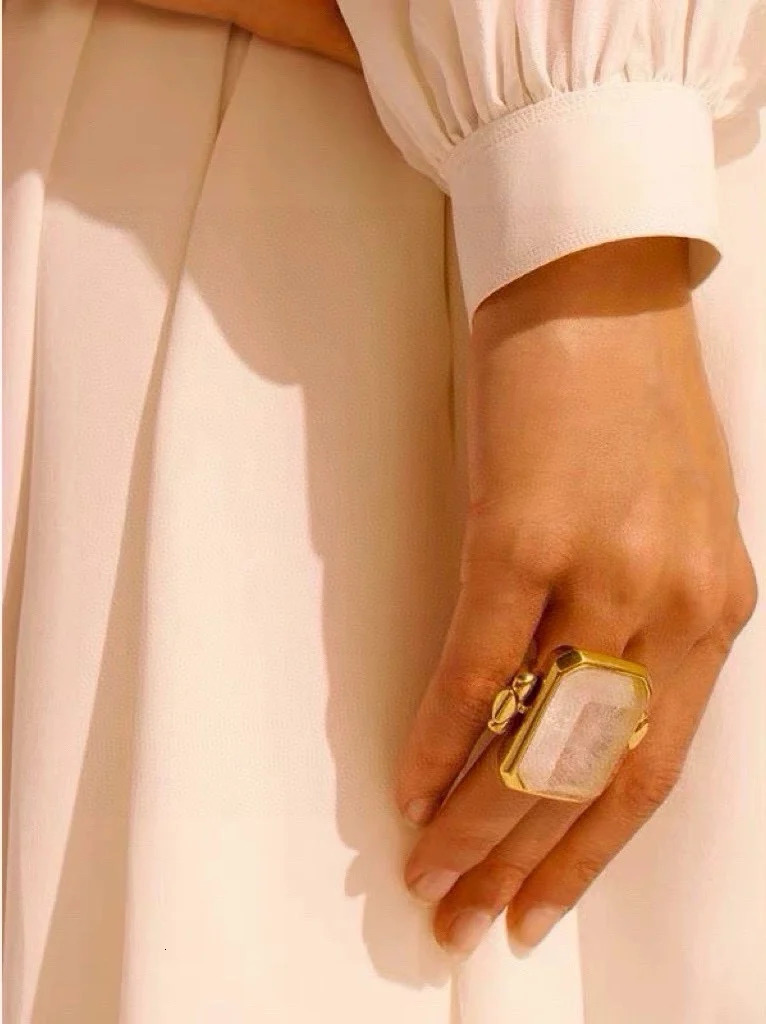 Personality large rock candy square natural crystal ring 240626