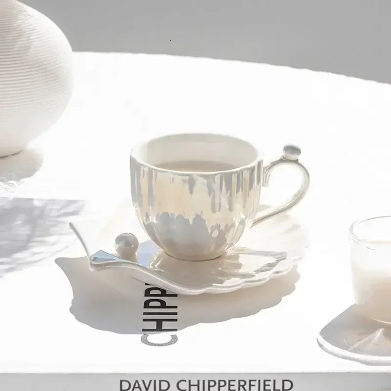 Pearl Shell Coffee Cup European Creative Gradient Coffee Cup and Saucer Plate Ceramic Mug Gift Afternoon Tea Set Drinking Mugs 240705