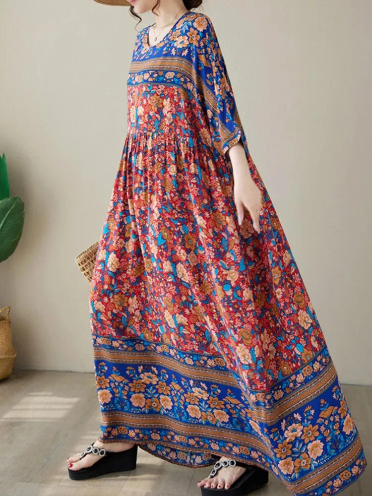 Oversized Flower Floral Print Summer Long Dress Women Loose Ruffle Pleated Modis Casual Ladies Dresses Short Sleeve Woman Dress 240703