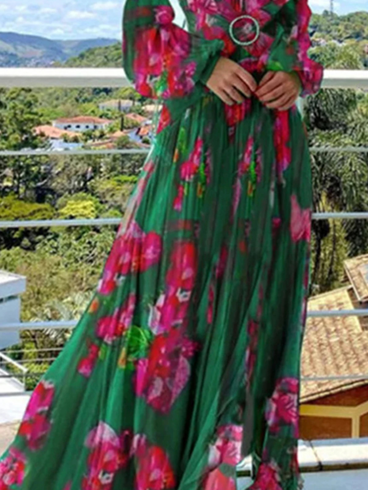 Spring Autumn Oversized V-Neck Floral Printing Lace Up Dress Female Long Sleeve Waist A-line Robe Womens Loose Casual Vestidos 240703