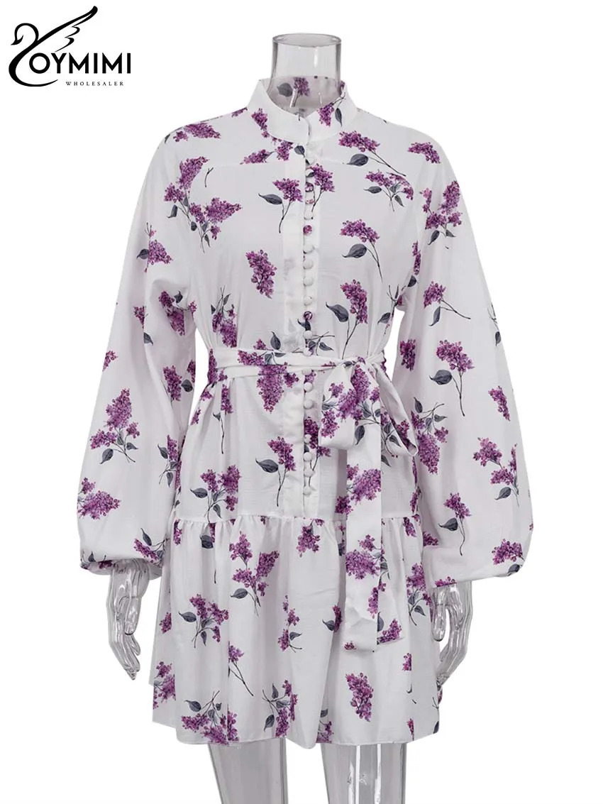 Oymimi Fashion White Stand Collar Womens Dresses Elegant Long Sleeve Print Dress Casual Button Lace-Up Pleated Dress Streetwear 240703