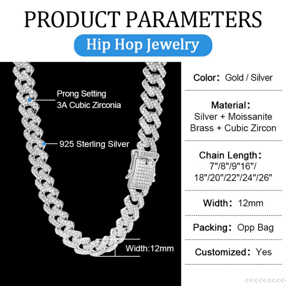 Custom Hip Hop Ice Out Mossanite Necklace 925 Sterling Silver Vvs Moissanite Cuban Link Chain
