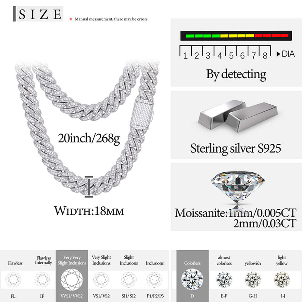 Hip Hop Mens Jewelry Cubana Pass Diamond Tester 18mm Iced Out Moissanite Cuban Link Chain Necklace with Gra Certificate
