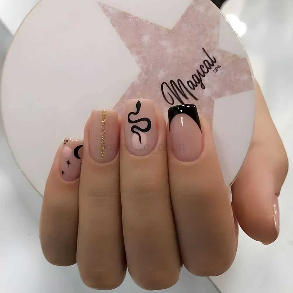 24Pcs Short Square Coffin False Nails Fake Nail with Glue French Glitter Wearable Ballet Design Nails Set Press on Nail TipsM240709