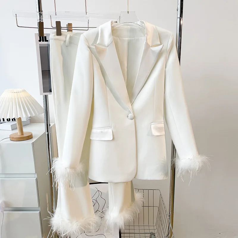 Blazer PantSuits White Real Feathers Sleeve Single Button Party Office Business Wear Suit Lapel Jacket Pants Two Piece Sets 240704